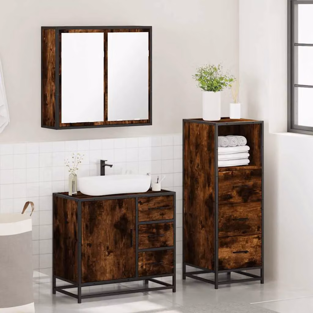 Berkfield Home 3 Piece Industrial Bathroom Furniture Set in Smoked Oak Brown – 4