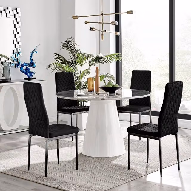 Furniturebox Palma Round White Marble Effect Dining Table and 4 Black Velvet Milan Chairs