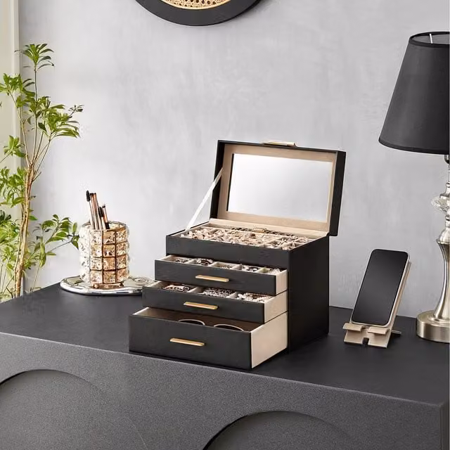 SONGMICS 4-Tier Jewellery Box Organiser with Glass Lid, Black