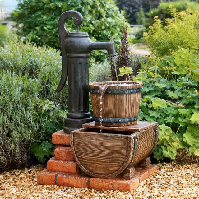 Primrose Rustic Brown Pump Bucket and Barrel Design Water Feature with LED Lights
