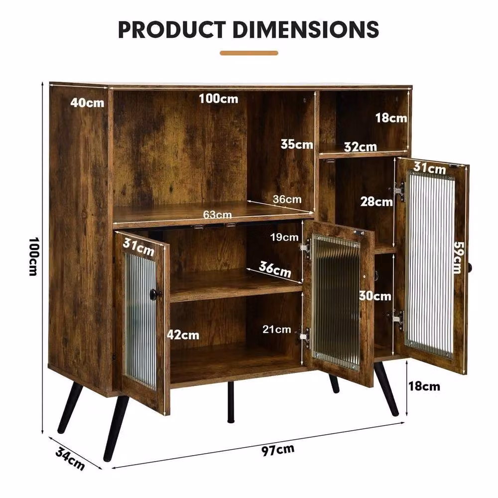 KORVIXA Brown Wooden Industrial Kitchen Storage Cabinet with Glass Doors – 2