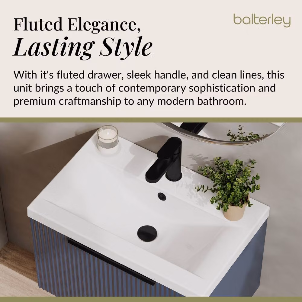 Balterley Fluted Front Wall Hung 1 Drawer Vanity Basin Unit, Satin Blue, W: 60 cm – 3
