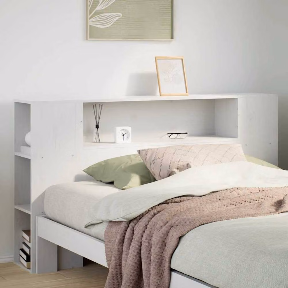 Berkfield Home White Solid Pine Wood Headboard with Integrated Storage and Nightstands, Width: 135 cm – 2