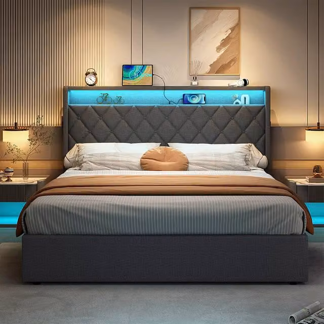 Merax Grey Linen Ottoman Bed with LED Storage Headboard, USB Charging Port and Bedside Shelf, W/D/H: 180 x 200 cm