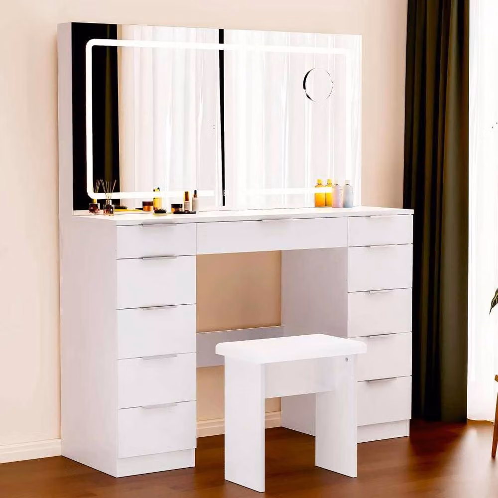 FLAVORA Large Hollywood LED Light Dressing Table with Drawers in White Glossy Finish, H 117.0 cm x W 142.5 cm – 3