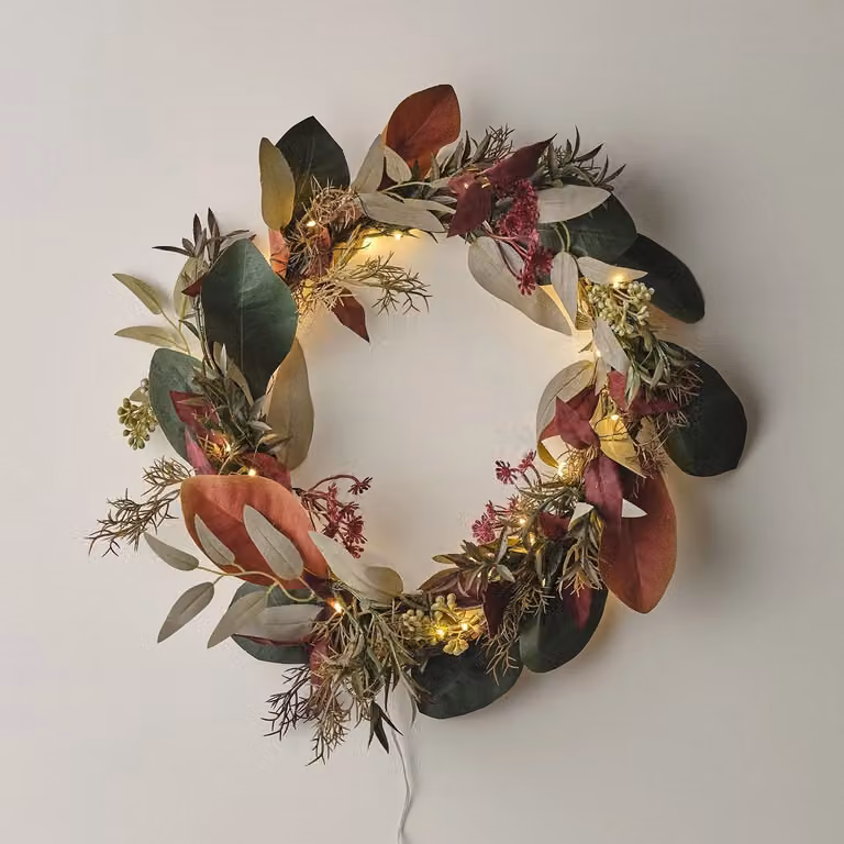 Lights4fun 40cm Artificial Autumn Winter Wreath with Faux Eucalyptus Leaves and 50 Multicolour White LED Micro Lights