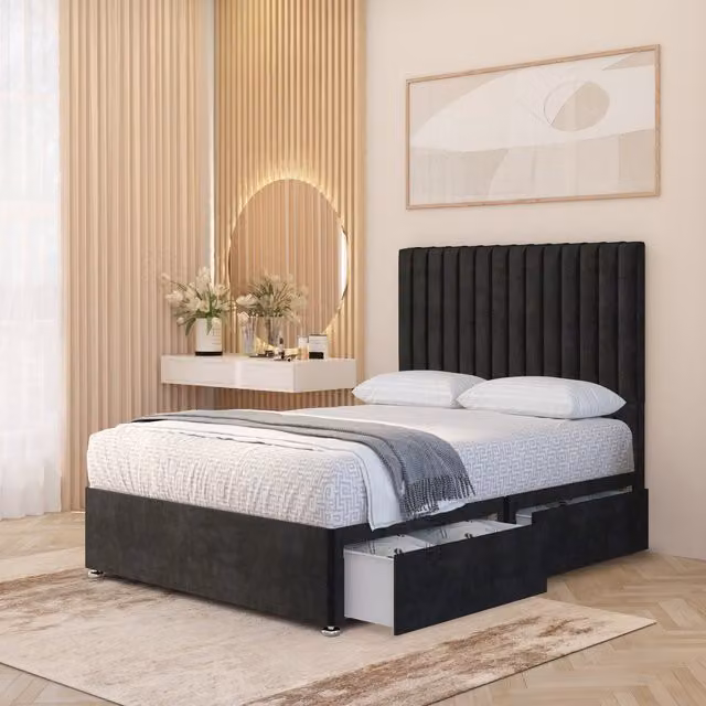 Somnior Beds Ltd Verona Velvet 4000 Pacific Orthopaedic Pocket Spring Divan Bed Set with Headboard and Drawers, Black, W/D/H: 140 x 200 x 30 cm