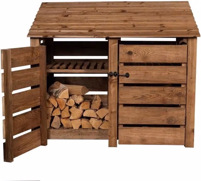 Arbor Garden Solutions Slatted Double Bay Wooden Log Store with Door and Kindling Shelf, Brown, W: 146 cm, H: 126 cm, D: 88 cm