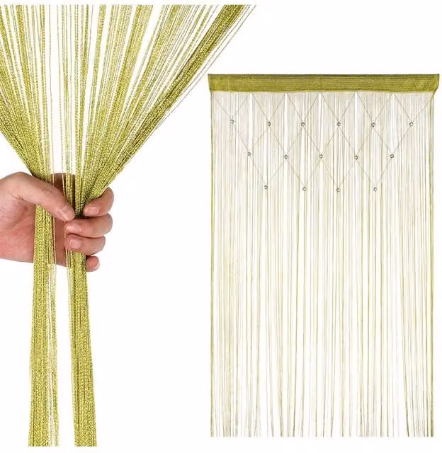 Neel Blue String Beaded Panel Curtain in Gold and Bright Green, Width: 100 cm, Height: 200 cm