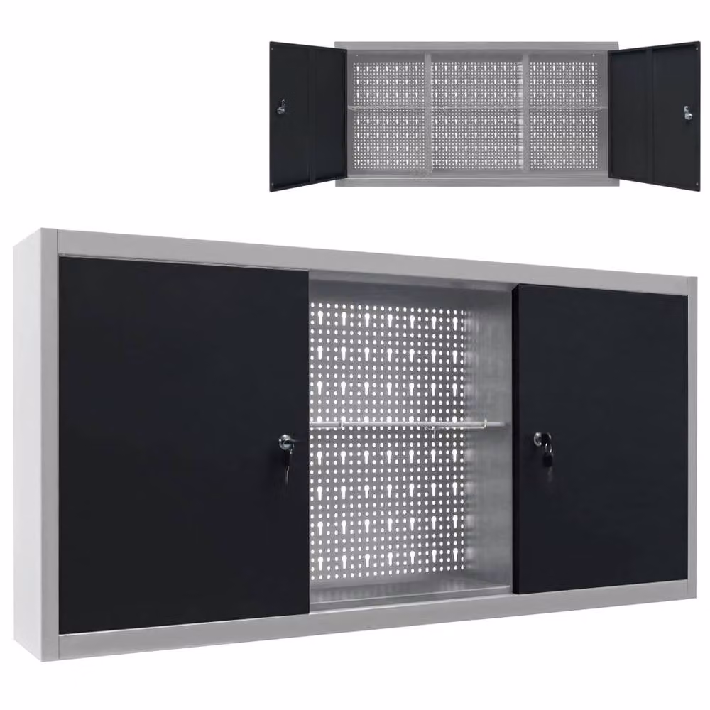Berkfield Home Wall Mounted Metal Tool Cabinet with Doors and Lock, Grey and Black – 2