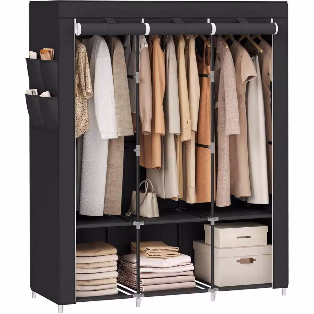 The Bazaarist Portable Fabric Wardrobe with 3 Hanging Rails, Black – 2