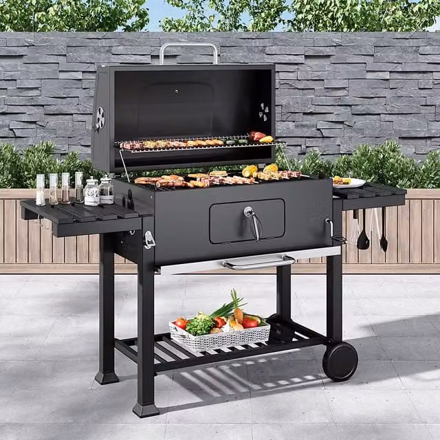 Breeins Black Carbon Steel Charcoal Grill with Dual Stainless Steel Grates