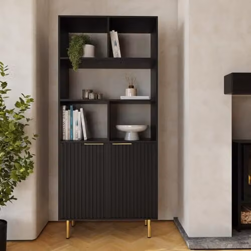 GFW Nervata Black Modern Asymmetric Bookcase with Shelves and Cabinet Storage, H 181 x W 80 x D 39 cm – 1