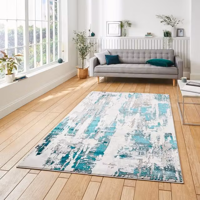 Terrys Modern Abstract Machine Woven Rectangular Rug in Grey, Green and Multicolour, W: 200 cm x D: 290 cm