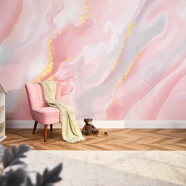 I Love Wallpaper Dreamy Marble Abstract Full Wall Mural in Pastel Pink, Gold and Yellow, Width: 350 cm