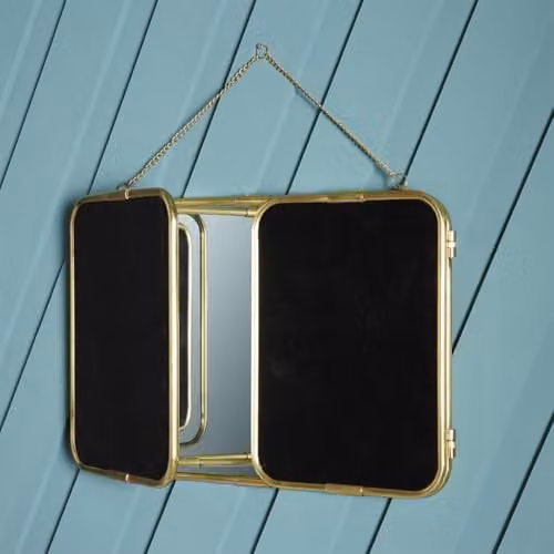 Signature Triptych Barber Mirror in Gilded Brass, Metallic Gold, W: 114 cm, H: 40 cm – 2