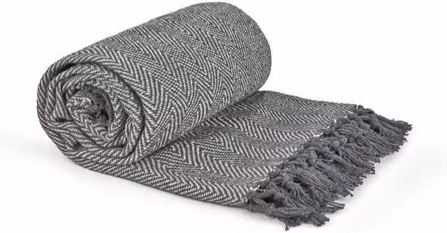 Bellissimo Home Woven Geometric Cotton Throw with Fringes in Silver Grey