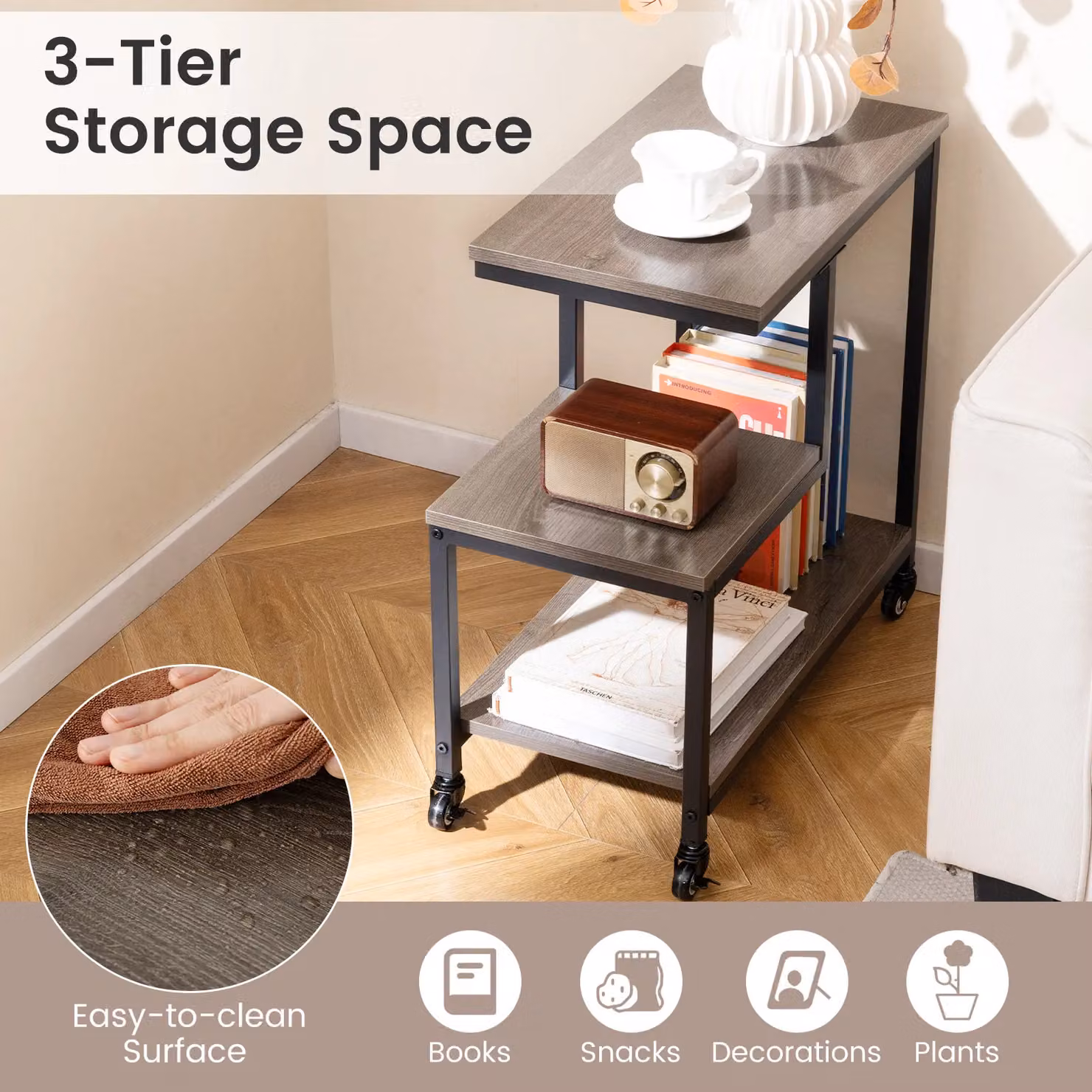 Gymax G-shaped 3-Tier Mobile Side Table with Open Shelves and Castors, Grey – 6