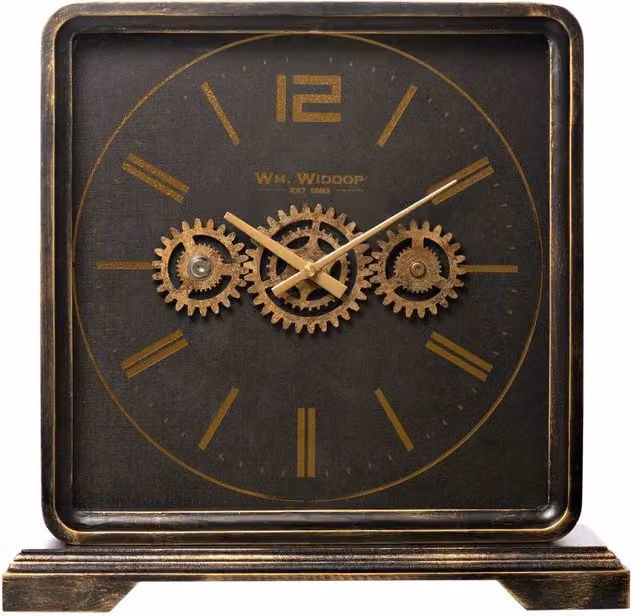 WILLIAM WIDDOP Black Industrial Metal Analog Mantel Clock with Moving Gears – 1