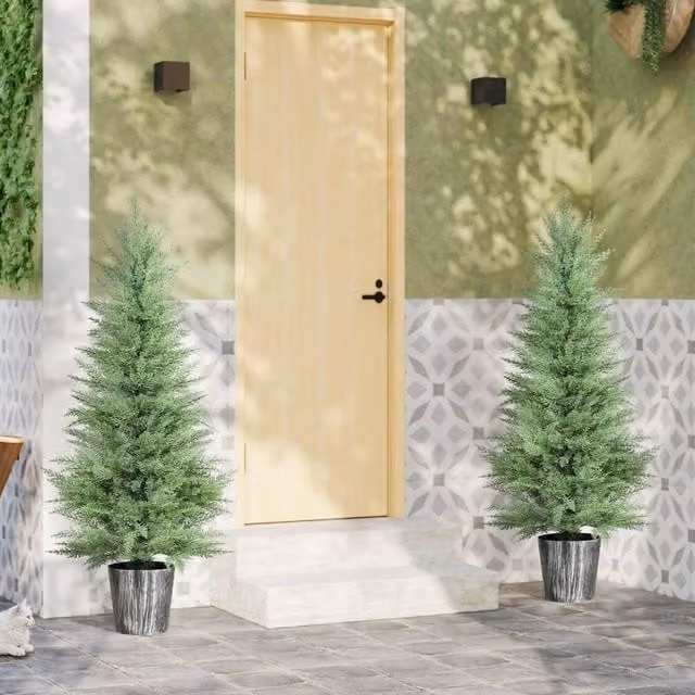 Wyld Haus Reno Set of 2 Green Artificial Cypress Trees with Decorative Pots, Height: 135 cm
