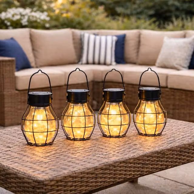 Gardenwize Pack of 4 Vintage Metal Solar LED Lanterns in Black with Warm White Light