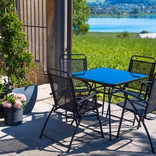Wyld and Coco Black Steel 5 Piece Outdoor Dining Set with Square Tempered Glass Table