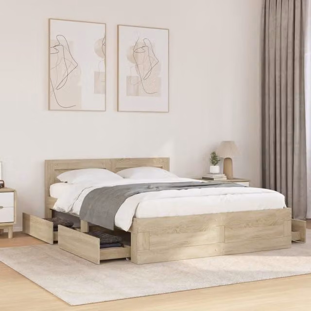 Berkfield Home Bed Frame with Headboard in Sonoma Oak Brown, W/D/H: 140 x 200 cm – 1