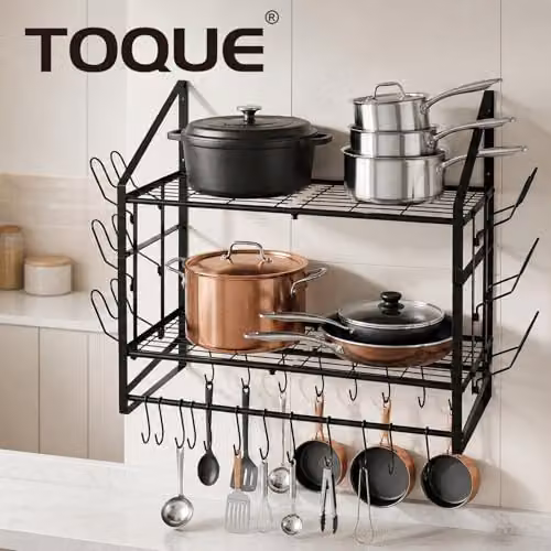 Toque Extra Long Wall Mounted 2 Tier Pot Rack and Pan Organiser in Black with 20 Movable Hooks and 6 Lid Holders, Width: 93.5 cm – 12