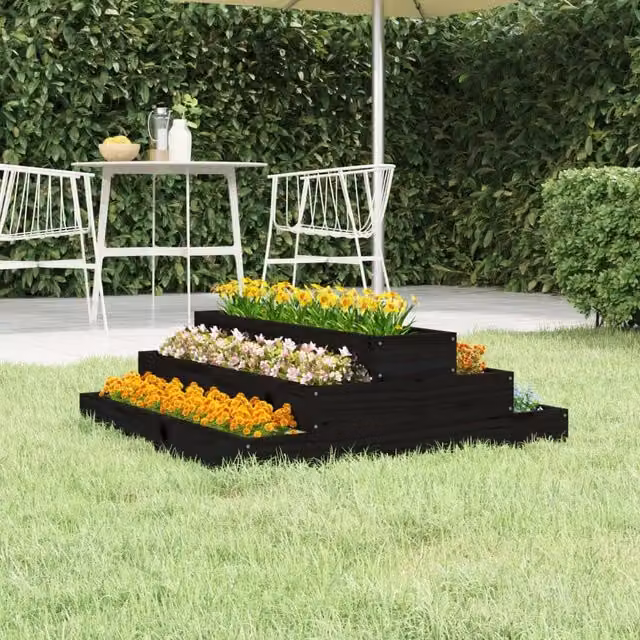 Berkfield Home Black Wooden Raised Bed Planter, W: 80 cm, D: 80 cm, H: 27 cm