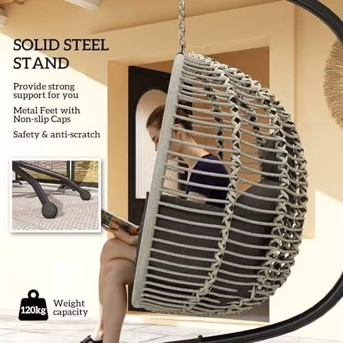 Outsunny Modern Egg Hanging Swing Chair with Metal Stand and Rope Structure in Grey – 3