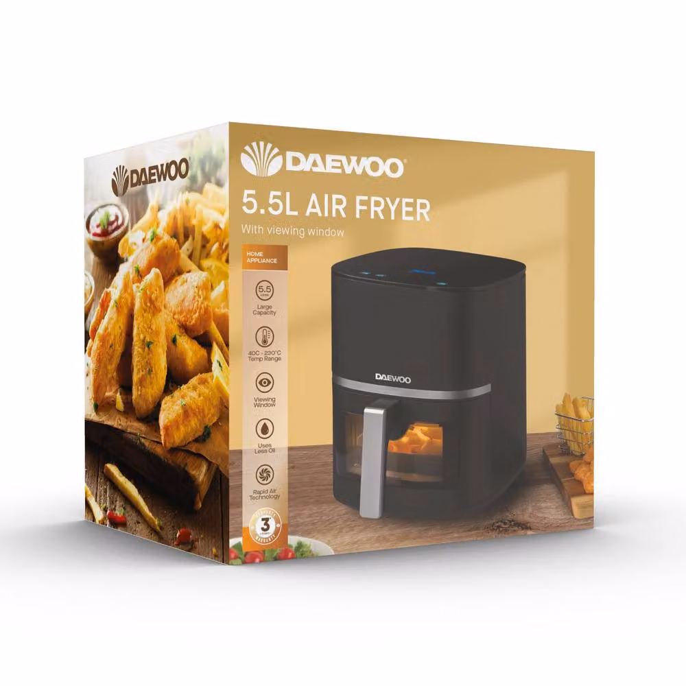 Daewoo 5.5L Air Fryer in Black with View Window and 10 Presets – 7