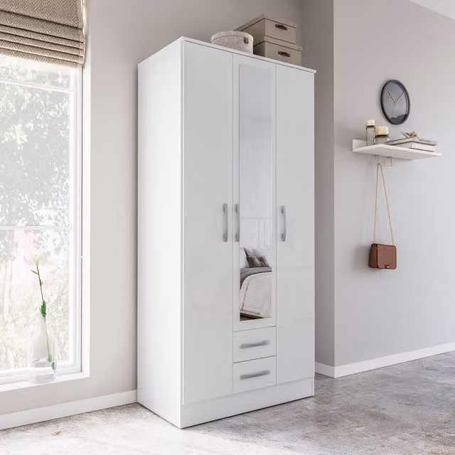 Birlea Modern Glossy White and Silver Sliding Door Wardrobe with Mirror and Internal Shelves