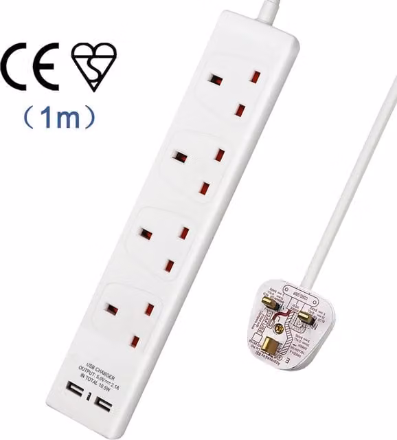 ExtraStar 4 Gang Built-in USB Extension Lead, White, 1m