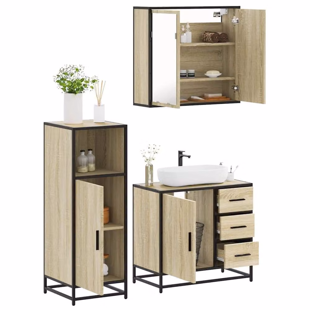 Berkfield Home 3 Piece Industrial Bathroom Furniture Set in Brown Sonoma Oak – 2