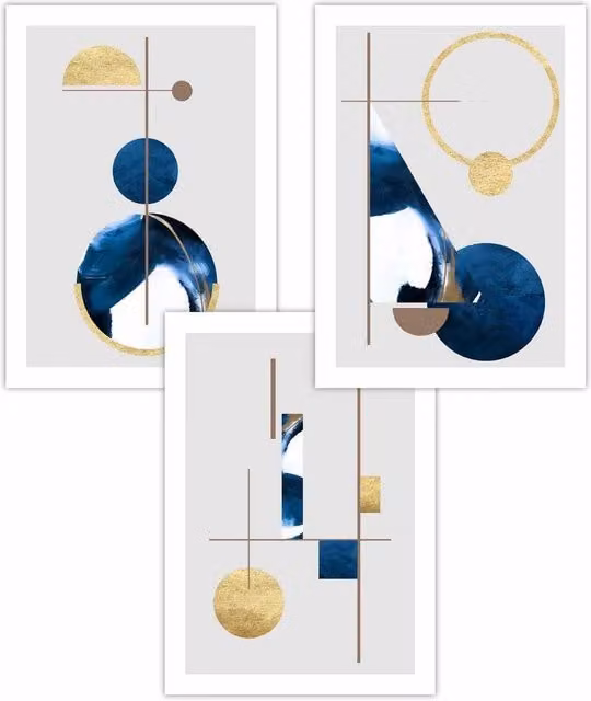 ARTZE Set of 3 Abstract Geometric Mid-Century Art Posters in Blue, Gold and White, W: 59 cm, H: 84 cm