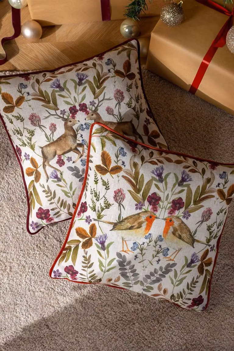 Evans Lichfield Mirrored Stag Watercolour Printed Square Cushion in Red and Multicolour, W/D/H: 43 x 43 x 43 cm