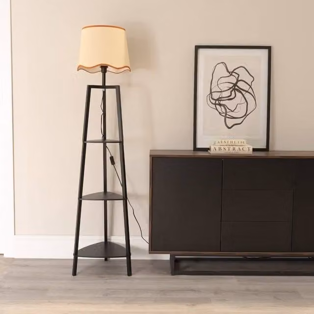 ValueLights Hiru 3 Tier Wood Shelf Floor Lamp in Black with Burnt Orange Linen Scallop Shade