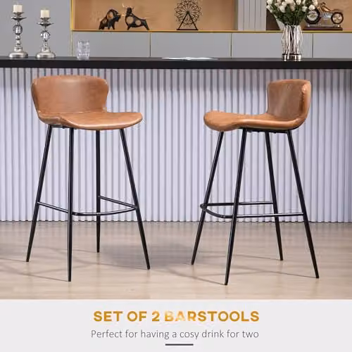 HOMCOM Set of 2 Brown PU Leather Upholstered Bar Stools with Backs and Metal Legs – 4