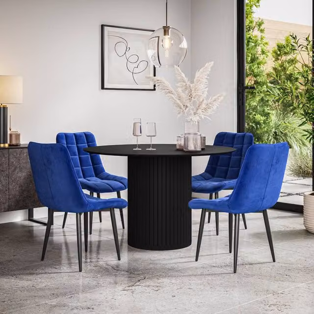 More4Homes Arlo Black Round Dining Table and 4 Blue Nova Velvet Dining Chairs Set, W/D/H: 120 x 120 x 75 cm – 1