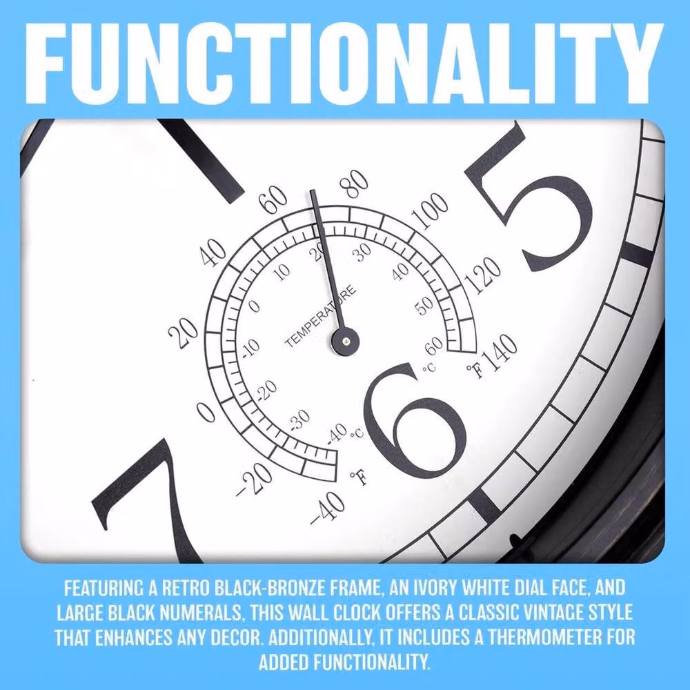 SPETLEK Vintage Round Metal Garden Wall Clock with Thermometer in Black, Diameter: 30.48 cm – 3