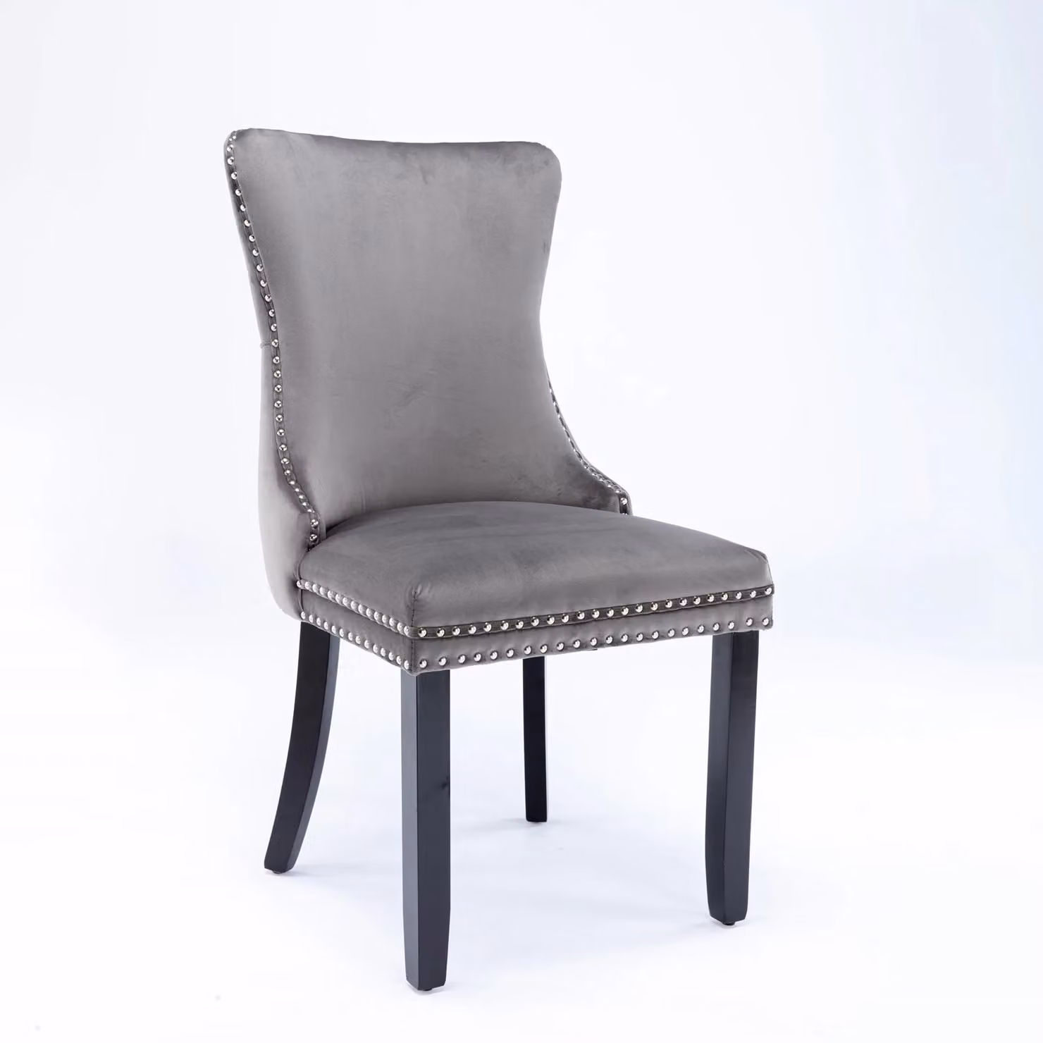 HomeTouch Sierra Set of 2 Grey Velvet Tufted Wing Back Dining Chairs with Oak Wood Legs – 2