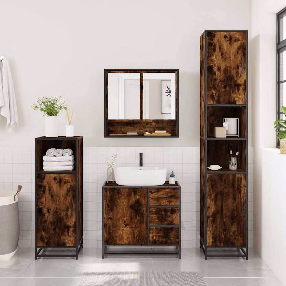 Berkfield Home 2 Piece Industrial Bathroom Furniture Set in Brown Smoked Oak with Mirror Cabinet and Vanity Unit – 2