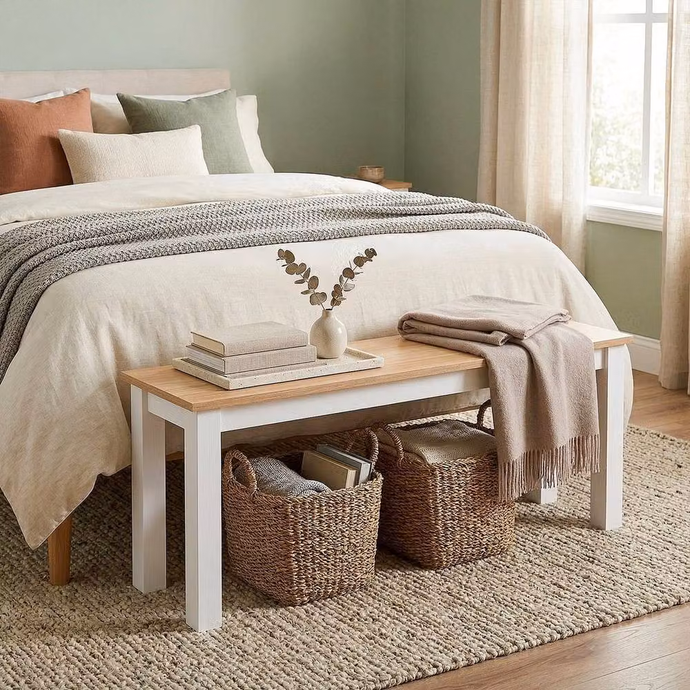 KORVIXA Natural Pine Wood Dining Table Bench in White and Natural, W/D/H: 120 x 30 x 45 cm – 2