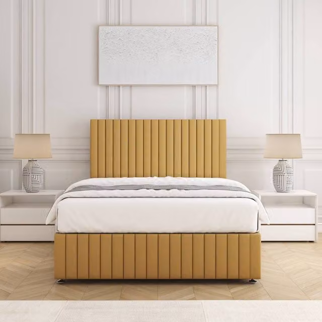 BSSPOKE Emma Divan Bed Set with 24 inch Headboard and Mattress in Mustard Yellow Plush Velvet, W/D/H: 120 x 200 cm