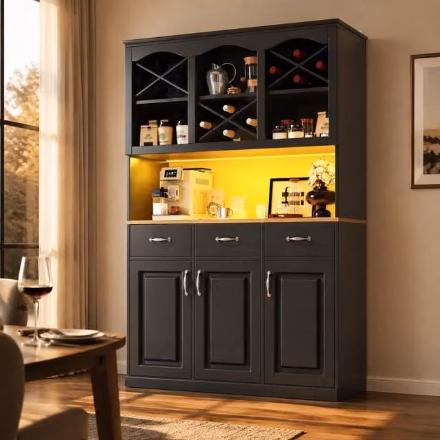 STILVORA Black Matt Tall Kitchen Cabinet with 3 Drawers, Hinged Doors and Integrated Lighting