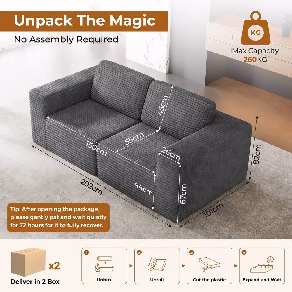 Dprodo Grey Corduroy Modular Loveseat Sofa with Matching Ottoman and Removable Covers, W: 202 cm, D: 101 cm, H: 82 cm – 2