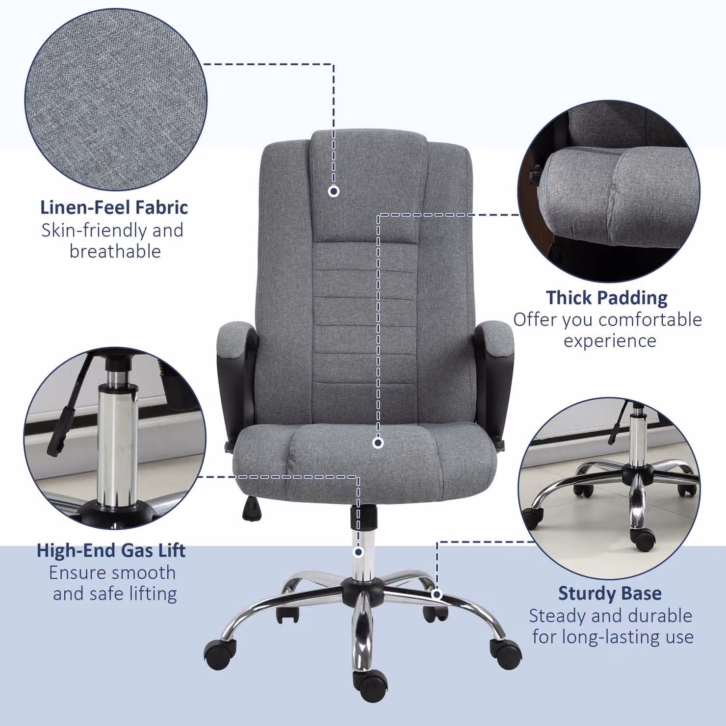 VINSETTO Grey Fabric Executive Office Chair with Headrest, Armrests and Swivel Function – 4