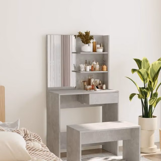 Berkfield Home Modern Dressing Table with Mirror in Concrete Grey, W: 74.5 cm, D: 40 cm, H: 141 cm