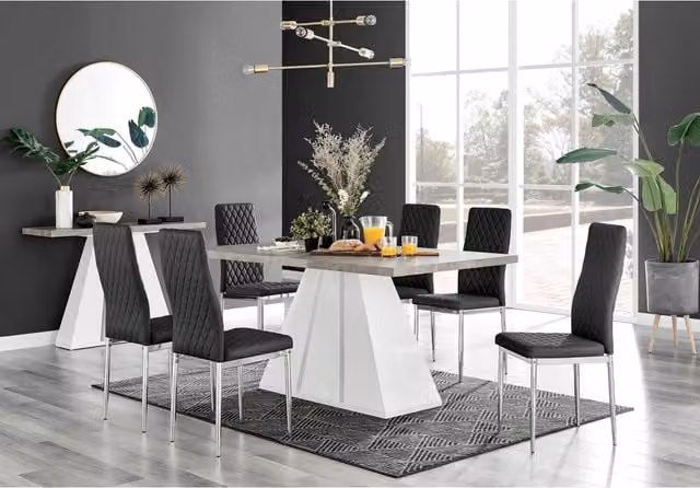 FurnitureboxUK Athens Grey Concrete Dining Table and 6 Milan Chrome Leg Chairs in Black