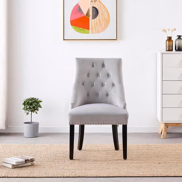 Life Interiors Single Velvet Dining Chair with Ergonomic Scoop Knockerback, Button Tufting and Wood Legs in Light Grey